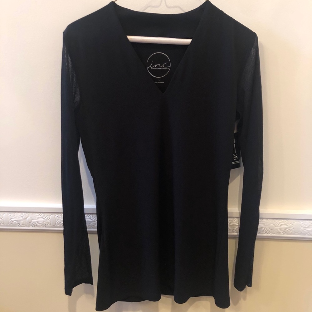INC Mesh Sleeve V Neck Shirt